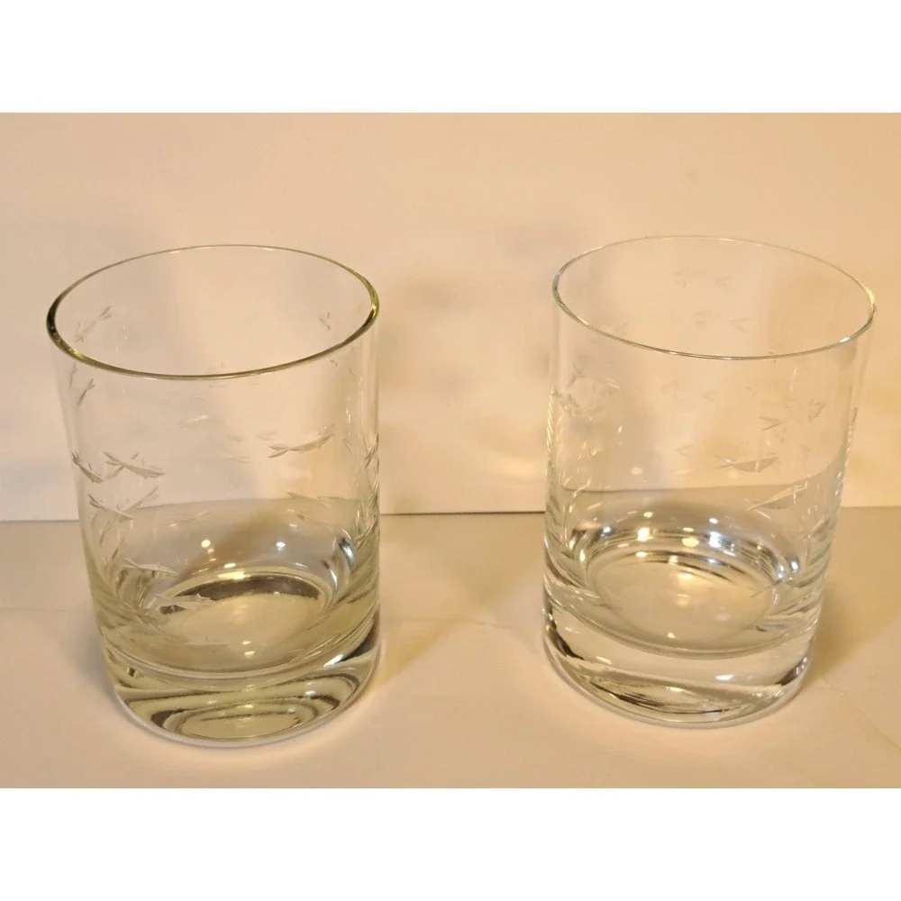 Set of 2 Crate & Barrel Reef Double Old-Fashioned Glasses Fish Lowball‎ Glasses